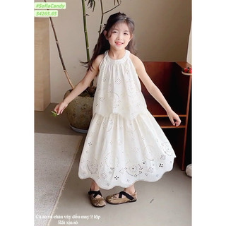 💯Hè 2026💯Set Đầm trắng thêu đục lỗ tiểu thư cổ yếm phong cách Hàn Quốc, hàng cao cấp cho bé gái 10-40kg Angle