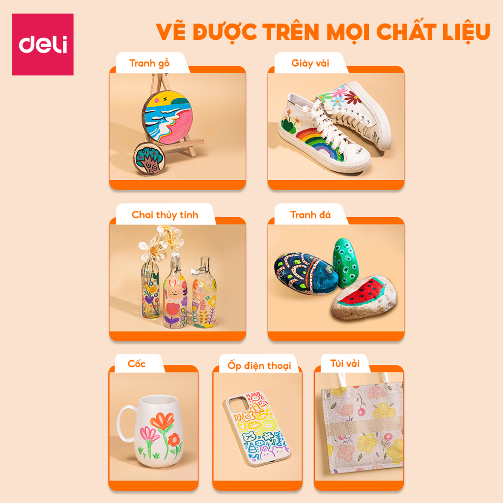 Lẻ Bút Acrylic Marker Deli Vẽ Trên Nhiều Chất Liệu - Tăng 80% Lượng Mực - Tô Màu Vẽ Tranh DIY Gỗ Sứ Thủy Tinh Giày Vải
