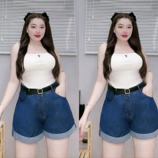 Quần short jean nữ bigsize nữ chữ A lật lai lưng cao cài khuy không co giãn J2