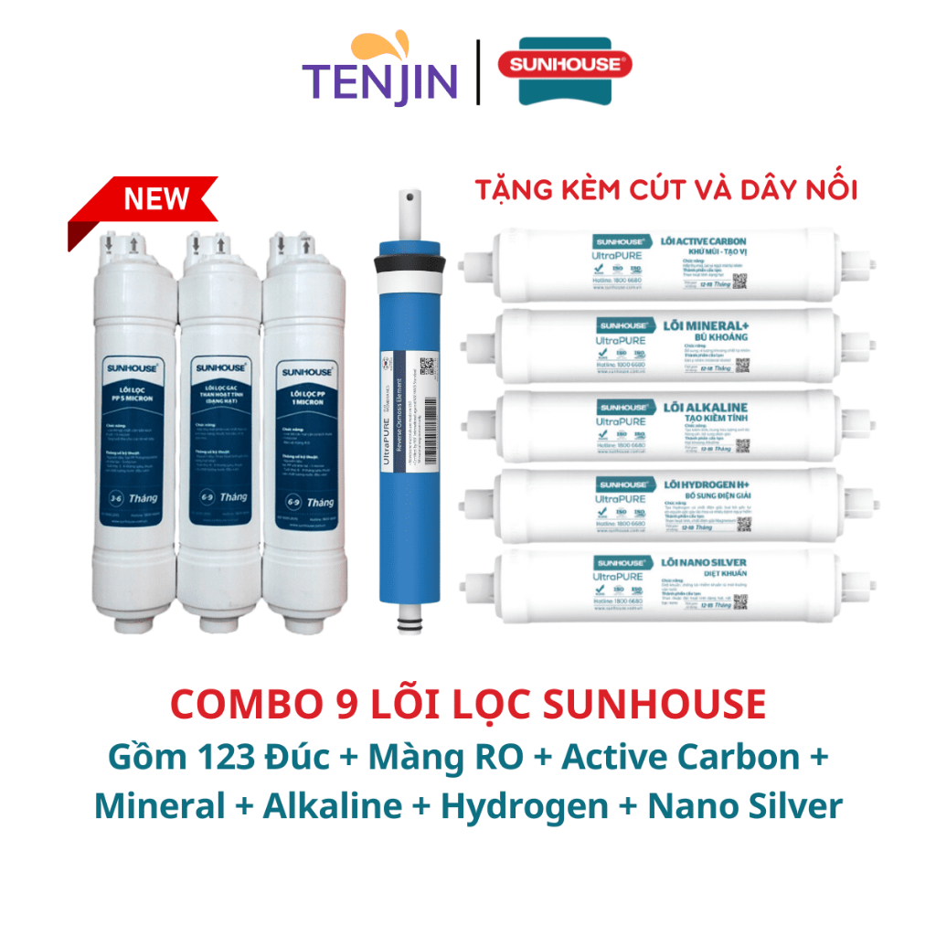 Combo 9 Lõi Lọc Nước SUNHOUSE Mới Cắm Nhanh Chính Hãng Với Lõi 123 Đúc Model SHA8827K, SHA8849K, SHA76215CK, SHA76214CK