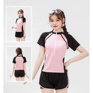 Bikini đồ bơi 2 mảnh kín đáo áo ngắn tay có khóa kéo quần 2 lớp phong cách Hàn quốc có Size chất thun bơi co giãn