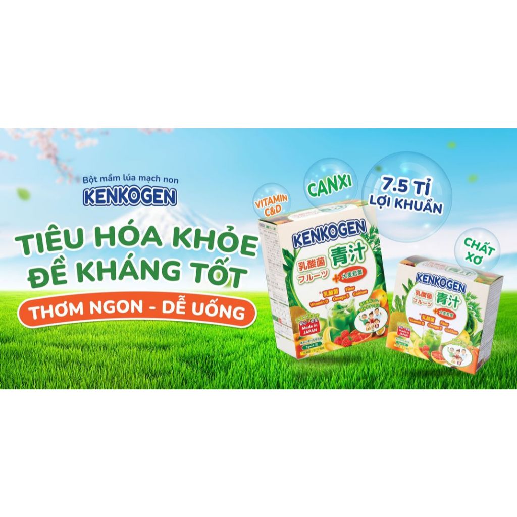 (24 gói ) Bột mầm lúa mạch non Aojiru Kenkogen trái cây lợi khuẩn, chất xơ, Omega 3, Canxi D, Vit C