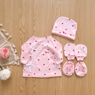 Set áo sơ sinh 4 món kèm mũ bao tay vớ chân chất cotton Hàn mềm mại cho bé 0-3 tháng