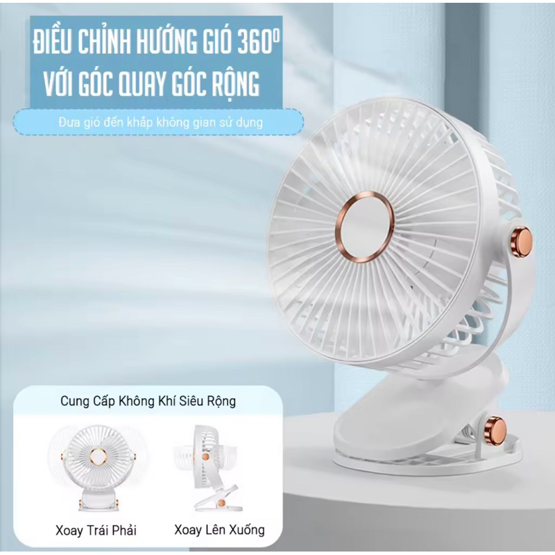 Quạt Kẹp Bàn Tích ĐIện Xoay 360 độ Pin Sạc 10.000mAh Dung Lượng Lớn