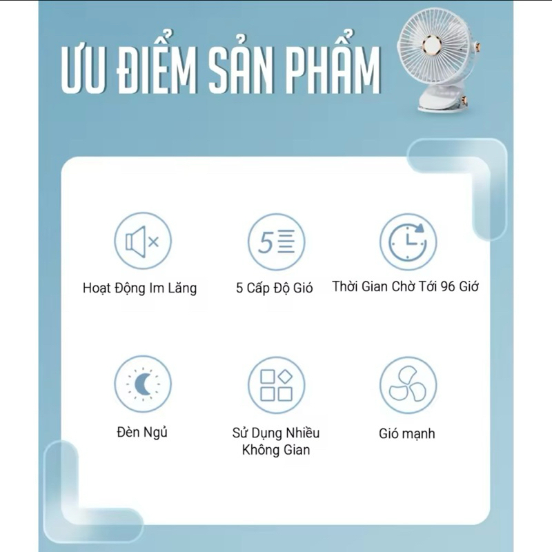 Quạt Kẹp Bàn Tích ĐIện Xoay 360 độ Pin Sạc 10.000mAh Dung Lượng Lớn
