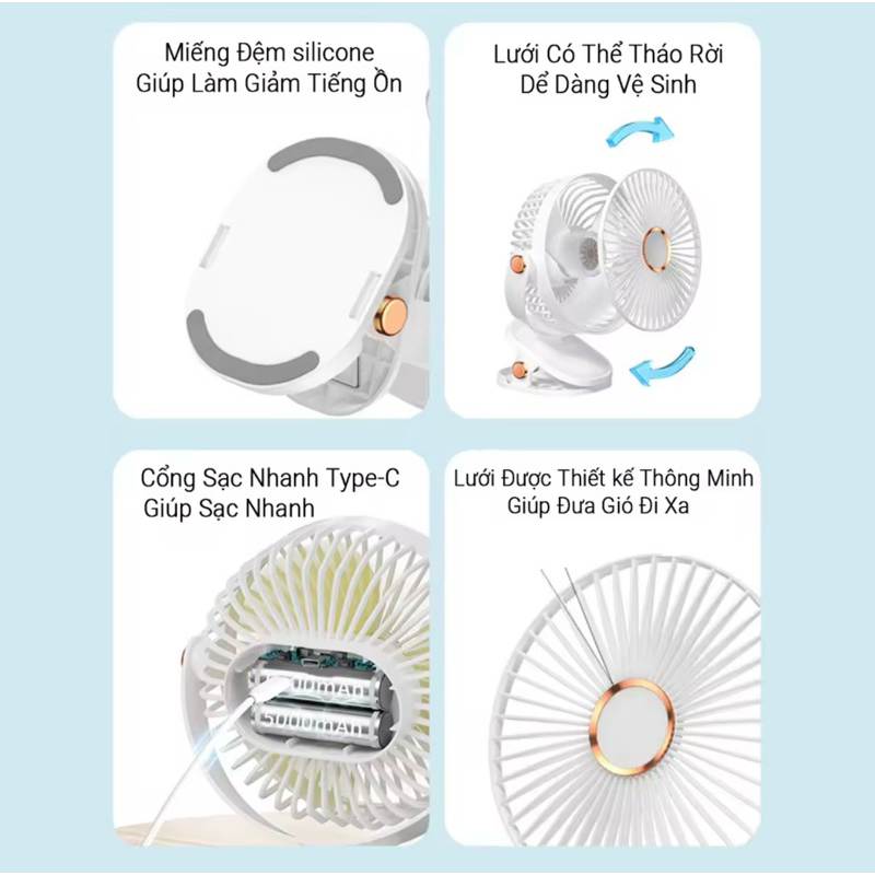 Quạt Kẹp Bàn Tích ĐIện Xoay 360 độ Pin Sạc 10.000mAh Dung Lượng Lớn
