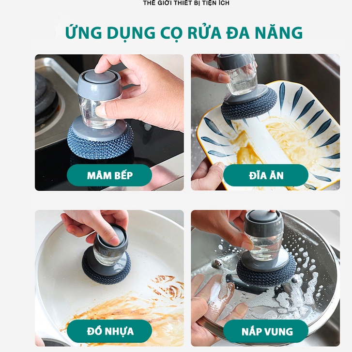 BÀN CHẢI CỌ XOONG NỒI, CỌ BẾP - CỌ RỬA BÁT ĐĨA CÓ BÌNH ĐỰNG XÀ PHÒNG - Dụng Cụ Nhà Bếp Cọ Xoong Nồi Thông Minh AK589