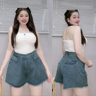 Quần đùi jean Bigsize nữ cắt lai cạp cao dáng chữ A có túi hộp cá tính cho nữ Chubby J3