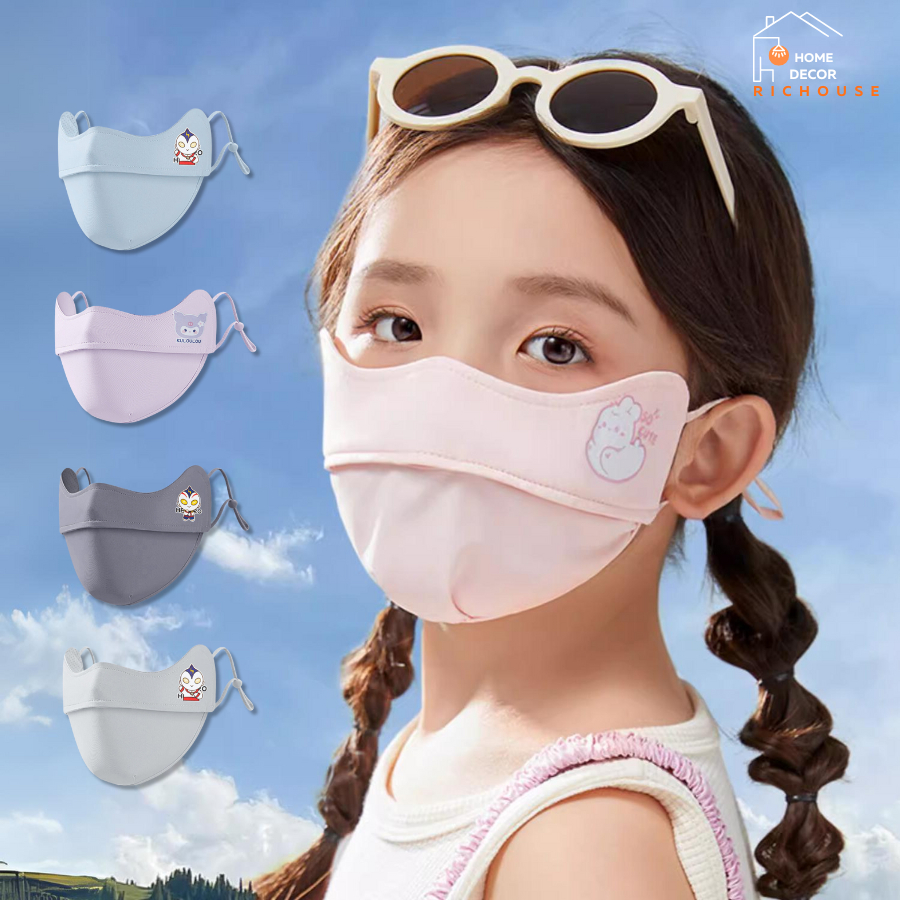 Khẩu Trang Chống Nắng Trẻ Em Chống Tia UV Thoáng Khí Mềm Mại Có Nút Chỉnh Dây, Khẩu Trang Vải 2 Lớp