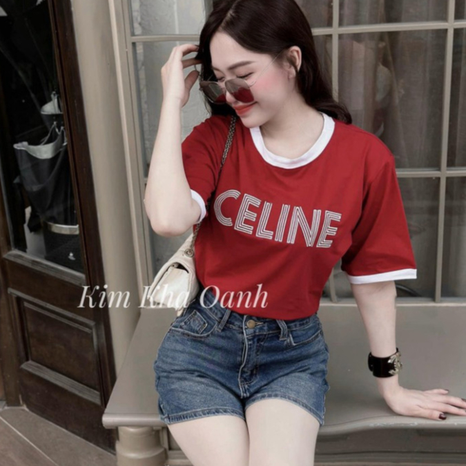 Áo Phông Nữ Đỏ Thêu CE-LI-LE Nổi Phối Viền Cổ Ngắn Tay Áo Thun Nữ Freesize -Aó Thun Nữ Thêu Chữ Ce-li-ne Form Baby Tee