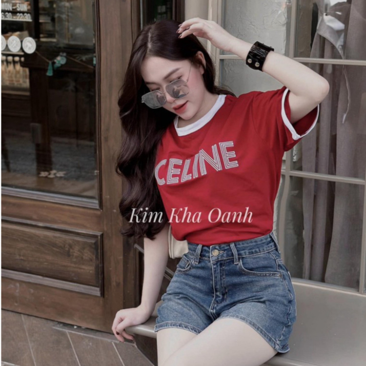 Áo Phông Nữ Đỏ Thêu CE-LI-LE Nổi Phối Viền Cổ Ngắn Tay Áo Thun Nữ Freesize -Aó Thun Nữ Thêu Chữ Ce-li-ne Form Baby Tee