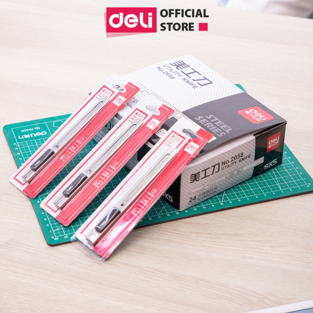 Dao rọc giấy Deli cao cấp 8/13 lưỡi thép không gỉ SK5 - Dao rọc mini bỏ túi kim loại tiện lợi văn phòng học sinh