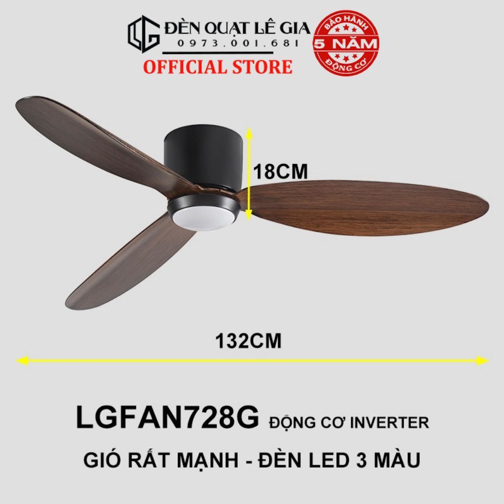 Ảnh Quạt Trần Cổ Ngắn 18cm LGFAN728 | Quạt trần ốp sát trần | Quạt trần cho chung cư trần thấp 2025 1