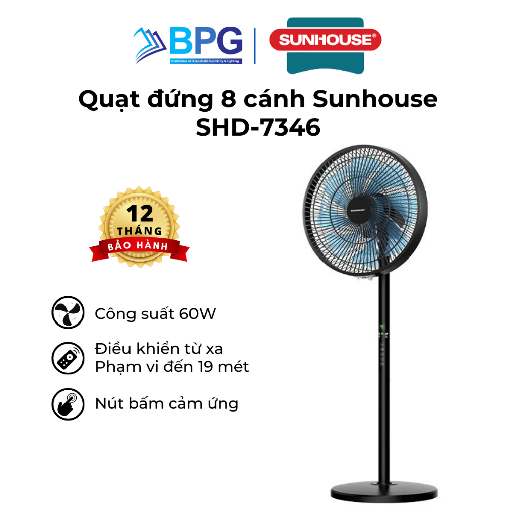 Ảnh Quạt đứng Sunhouse 8 cánh 60W SHD-7346, động cơ đồng nguyên chất, vận hành êm ái, không tiếng ồn 1