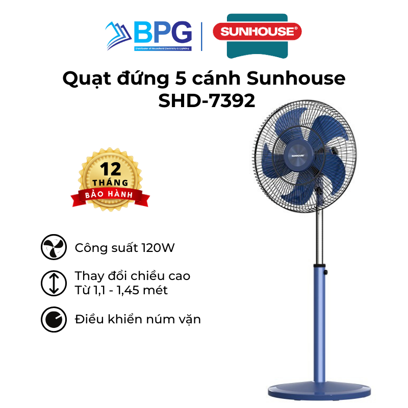 Ảnh Quạt đứng Sunhouse 5 cánh 120W SHD-7392, động cơ đồng nguyên chất, vận hành êm ái, không tiếng ồn 1