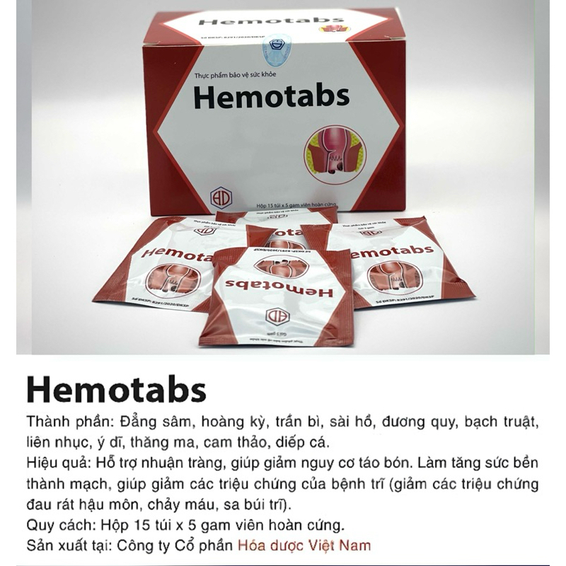 ✅[Chính hãng] Hemotabs hỗ trợ giảm đau rát hậu môn, sa búi trĩ, tăng sức bền thành mạch nhuận tràng (Hộp 15 gói)