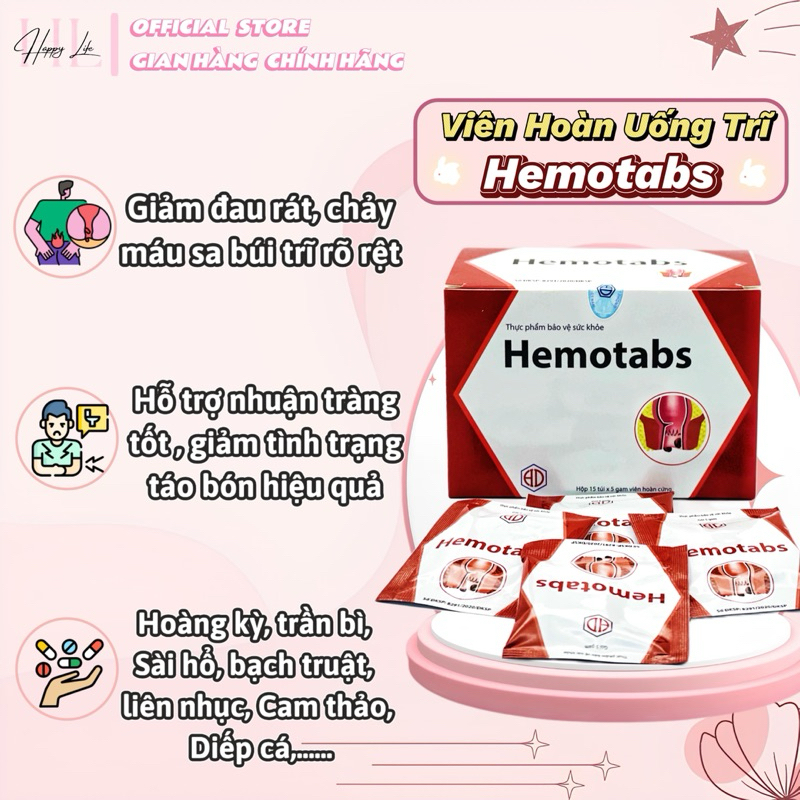 ✅[Chính hãng] Hemotabs hỗ trợ giảm đau rát hậu môn, sa búi trĩ, tăng sức bền thành mạch nhuận tràng (Hộp 15 gói)