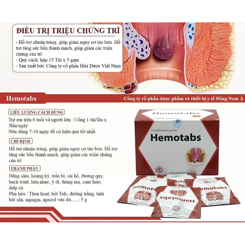 ✅[Chính hãng] Hemotabs hỗ trợ giảm đau rát hậu môn, sa búi trĩ, tăng sức bền thành mạch nhuận tràng (Hộp 15 gói)