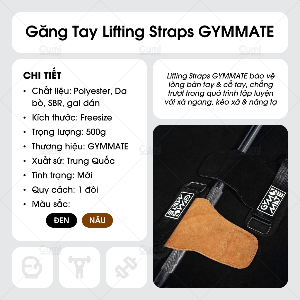 [1 Đôi] Găng Tay Tập Gym GYMMATE, Lifting Strap, Hỗ Trợ Các Bài Kéo, Deadlift, Lên Xà - KL-GYMMATE