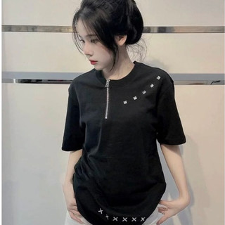 Áo Phông Đính Đá Vuông Khóa Kéo Cổ Chất Liệu Cotton Hotrend - Áo Thun Nam Nữ Fom Rộng Dáng Đẹp Thời Trang Nữ Unisex