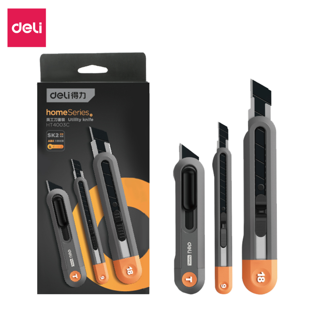 Set dao rọc giấy Deli cao cấp lưỡi thép không gỉ SK5 - Dao rọc mini bỏ túi kim loại tiện lợi văn phòng học sinh