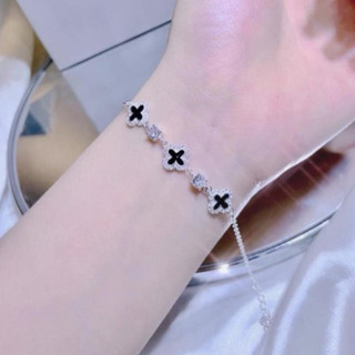 Lắc tay bạc ta , cỏ 4 lá đá đen mix đá vuông - jena sliver