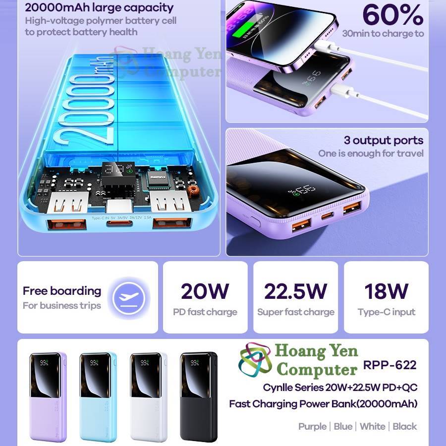 [Có CCC] Sạc Dự Phòng Remax RPP-623 20000Mah Siêu Đẹp (Sạc Nhanh QC3.0 18W, 22.5W, PD20W, VOOC 2.0) - BH 1 Năm - Hoàng Y