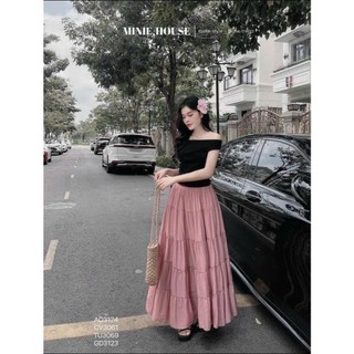 Set váy nữ thời trang thiết kế áo thun gân chân váy lụa dịu dàng nữ tính áo trễ vai tay ngắn váy dài xòe