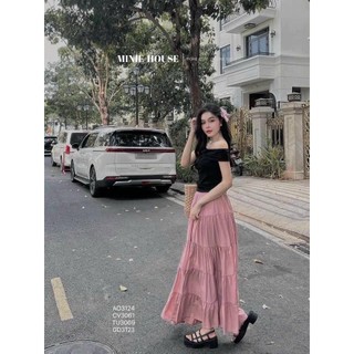 Set váy nữ thời trang thiết kế áo thun gân chân váy lụa dịu dàng nữ tính áo trễ vai tay ngắn váy dài xòe