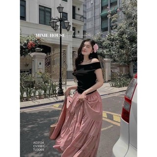 Set váy nữ thời trang thiết kế áo thun gân chân váy lụa dịu dàng nữ tính áo trễ vai tay ngắn váy dài xòe