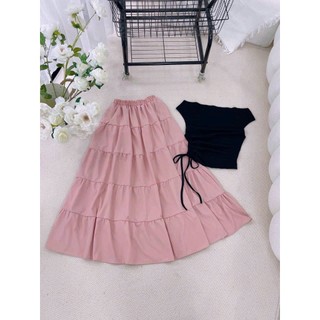 Set váy nữ thời trang thiết kế áo thun gân chân váy lụa dịu dàng nữ tính áo trễ vai tay ngắn váy dài xòe