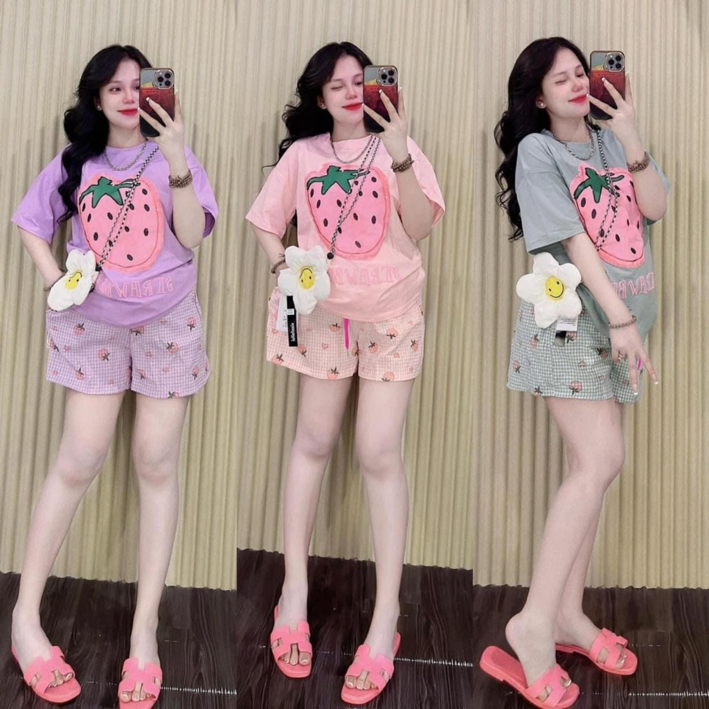 ĐỒ BỘ NỮ, SÉT ĐỒ BỘ, SET BỘ ĐÙI MẶC NHÀ IN TRÁI DÂU DỄ THƯƠNG | Shopee ...