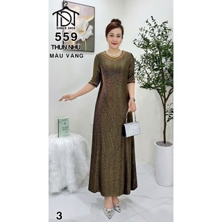 Đầm maxi trung niên dự tiệc sang trọng vải thun nhũ cao cấp đính đá, tặng mẹ co giãn tốt bigsize 80kg M559