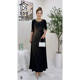 Đầm maxi trung niên dự tiệc sang trọng vải thun nhũ cao cấp đính đá, tặng mẹ co giãn tốt bigsize 80kg M559