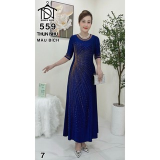 Đầm maxi trung niên dự tiệc sang trọng vải thun nhũ cao cấp đính đá, tặng mẹ co giãn tốt bigsize 80kg M559