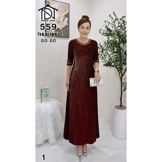 Đầm maxi trung niên dự tiệc sang trọng vải thun nhũ cao cấp đính đá, tặng mẹ co giãn tốt bigsize 80kg M559
