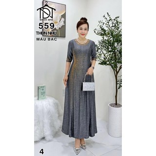 Đầm maxi trung niên dự tiệc sang trọng vải thun nhũ cao cấp đính đá, tặng mẹ co giãn tốt bigsize 80kg M559
