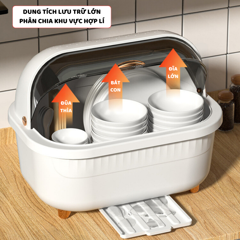 Kệ Úp Bát Đĩa ENODA HOME Thiết Kế Nắp Lật Tiện Lợi, Hộp Đựng Bát Đĩa Có Ống Đựng Đũa, Kèm Khay Thoát Nước G008