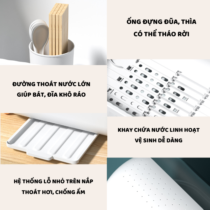 Kệ Úp Bát Đĩa ENODA HOME Thiết Kế Nắp Lật Tiện Lợi, Hộp Đựng Bát Đĩa Có Ống Đựng Đũa, Kèm Khay Thoát Nước G008