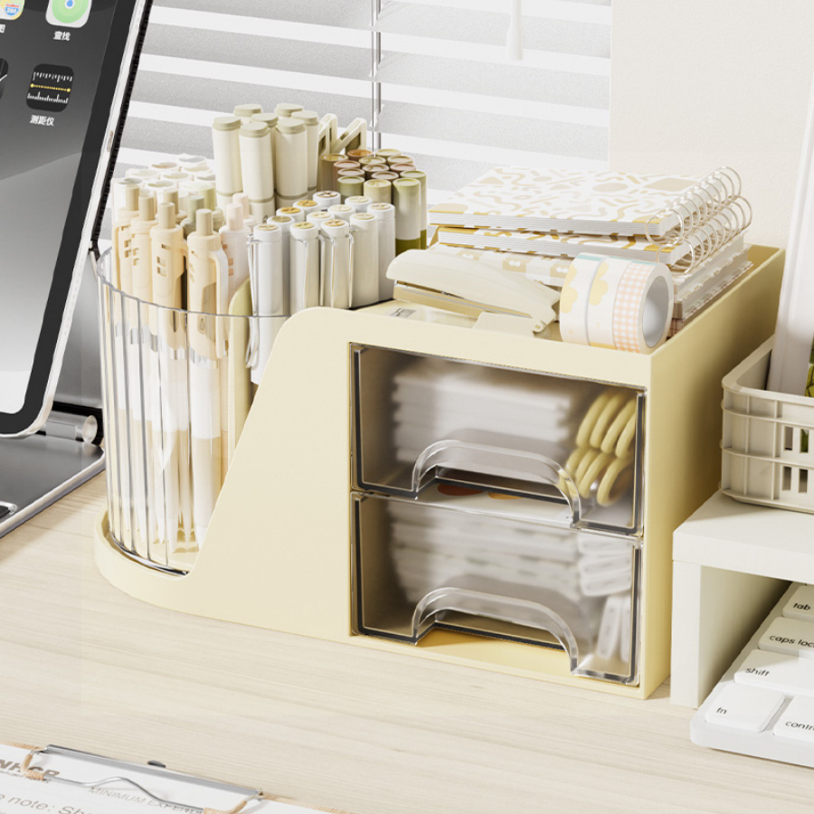 Hộp Bút Để Bàn ENODA HOME Khay Đựng Bút Thiết Kế 2In1, Có Ngăn Kéo Đựng Phụ Kiện, Ống Bút Xoay 360 P056