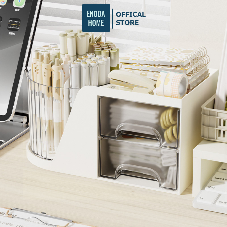 Hộp Bút Để Bàn ENODA HOME Khay Đựng Bút Thiết Kế 2In1, Có Ngăn Kéo Đựng Phụ Kiện, Ống Bút Xoay 360 P056