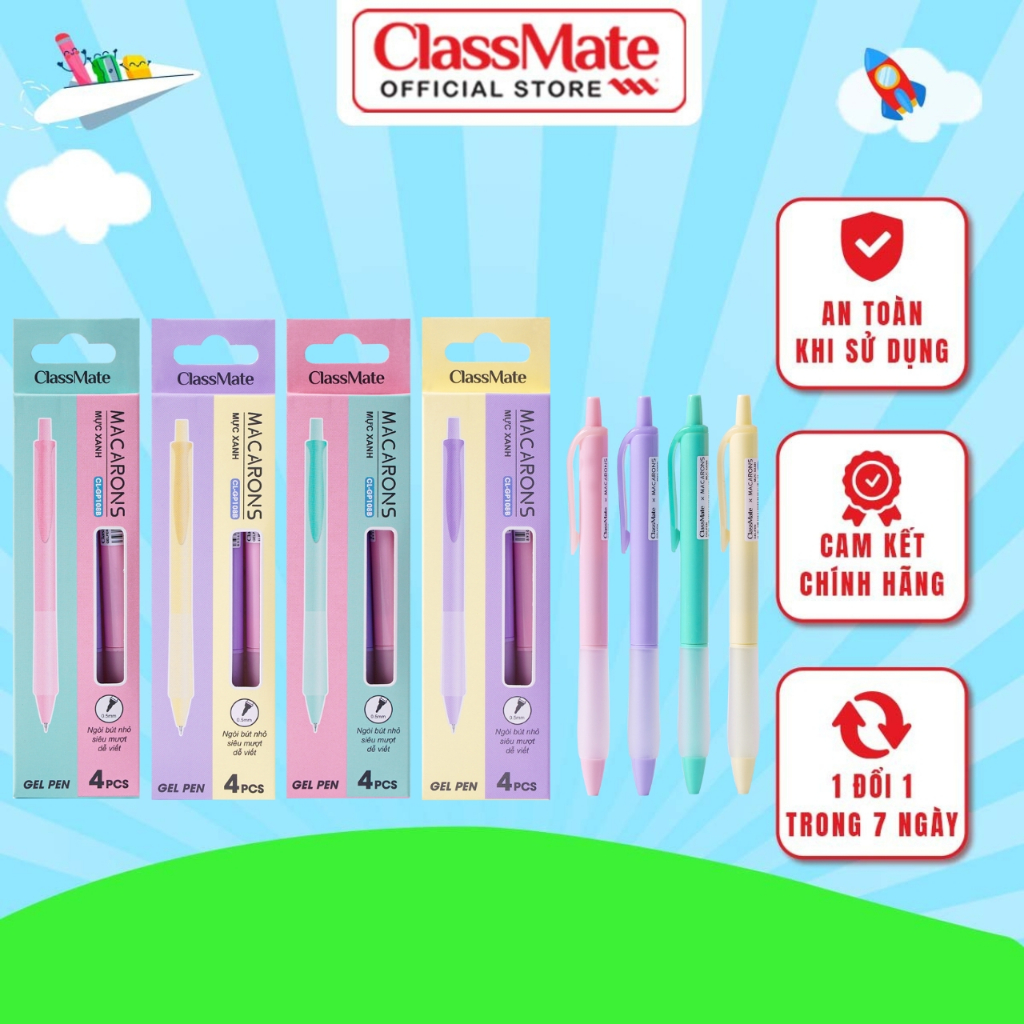 Hộp 4 Chiếc Bút Gel Bấm Classmate Bút Nước Ngòi 0.5mm Bút Mực Xanh Có Đệm Tay Chống Trơn Viết Trơn Mực Ra Đều CL-GP108