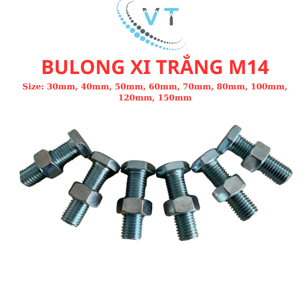 Bulong M14 (14 Ly) Lục Giác Ngoài Mạ Kẽm Xi Trắng - Đủ Size 30mm - 150mm (Chịu Lực Cao)