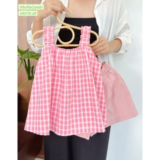 Sét bộ bé gái thô cotton áo dây bảng to kẻ hồng, quần kaki hồng nhà B&G, size cho bé từ 9-35kg