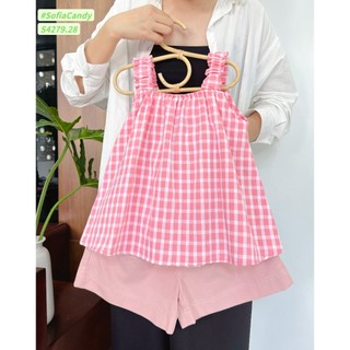 Sét bộ bé gái thô cotton áo dây bảng to kẻ hồng, quần kaki hồng nhà B&G, size cho bé từ 9-35kg