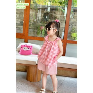 Sét bộ bé gái thô cotton áo dây bảng to kẻ hồng, quần kaki hồng nhà B&G, size cho bé từ 9-35kg