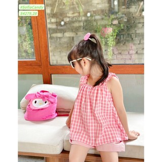 Sét bộ bé gái thô cotton áo dây bảng to kẻ hồng, quần kaki hồng nhà B&G, size cho bé từ 9-35kg