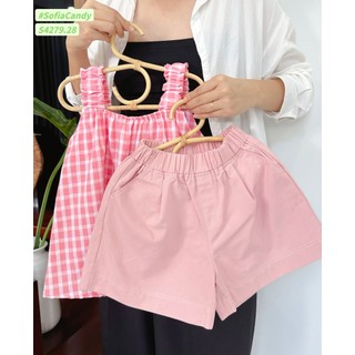 Sét bộ bé gái thô cotton áo dây bảng to kẻ hồng, quần kaki hồng nhà B&G, size cho bé từ 9-35kg
