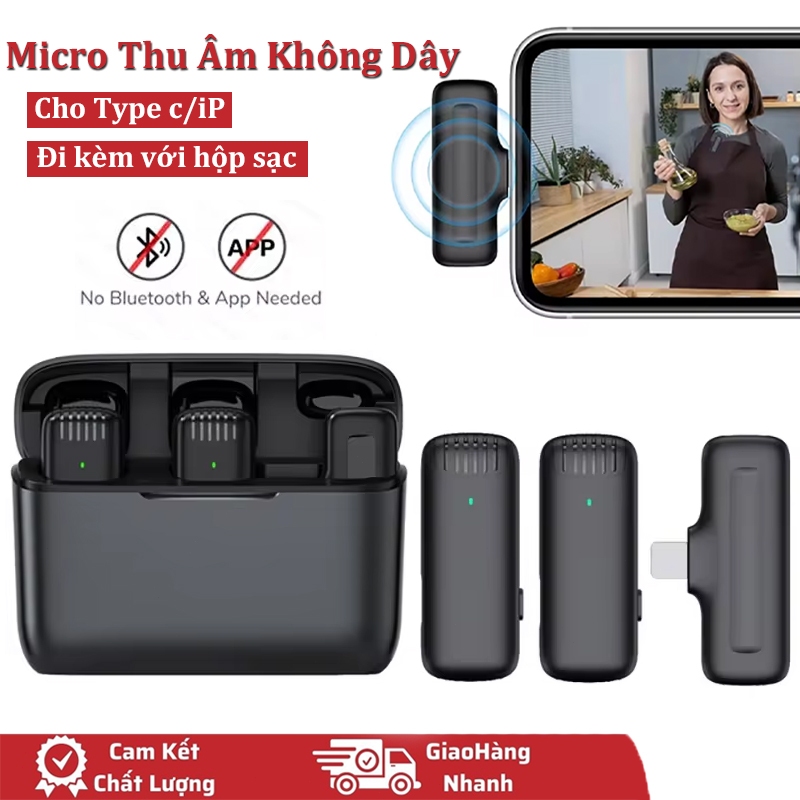Micro thu âm không dây cài áo khử tiếng ồn để Mic livetream ghi âm phát trực tiếp quay video Đi kèm với hộp sạc
