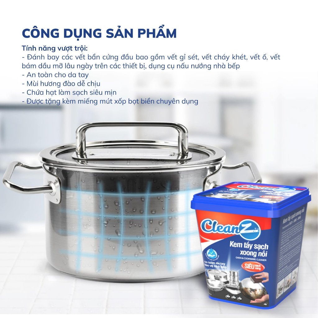 Ảnh Kem tẩy sạch xoong nồi Cleanz đánh bay vết ố, vết gỉ sét, vết bám dầu mỡ lâu ngày mùi hương đào 3